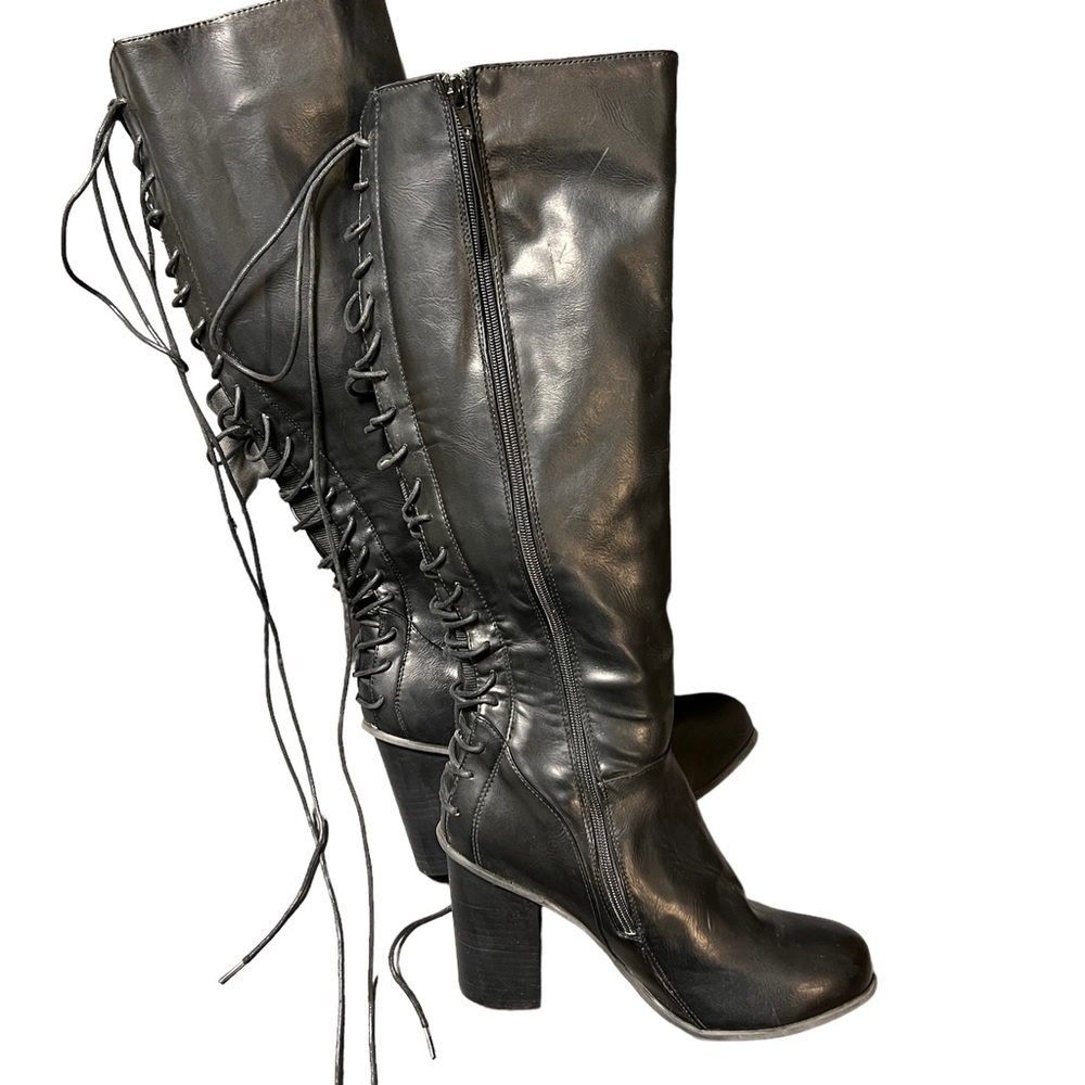 TORRID Womens Black Side Zip Lace Up Knee High Wide Calf Boots Block Heel 9.5W - Picture 7 of 11